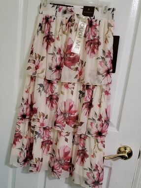 NEW Polished & Poised Boho Fairy Cream Fuschia Floral Tiered Maxi Skirt M